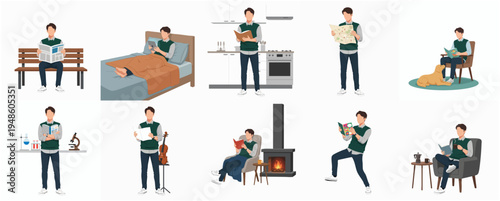 Diverse Lifestyle Illustration of Young Man Reading Book in Various Scenarios