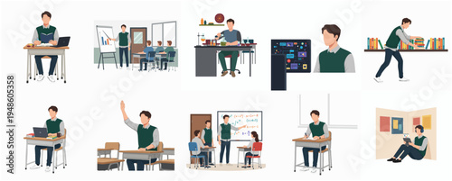 Flat Character Set Illustration of a Student in Various Learning Scenarios