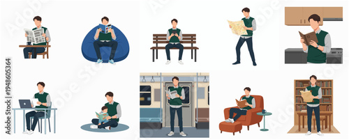 Modern Flat Illustration of Man Reading in Various Indoor Outdoor Scene