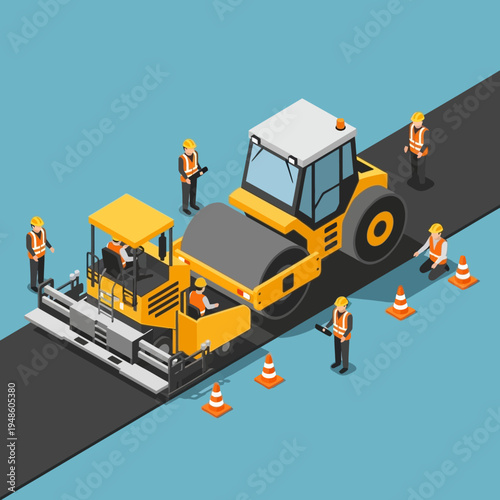 Isometric illustration of road construction with asphalt paving machines and workers.