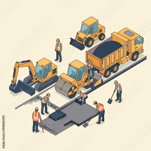 Isometric illustration of road construction, featuring workers and heavy machinery.
