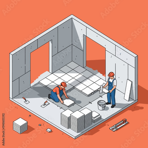 Isometric view of two construction workers laying floor tiles in a building.
