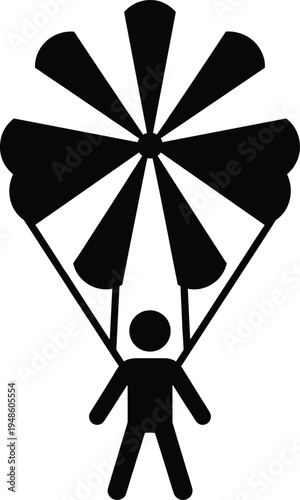 A minimalist black silhouette vector illustration of a skydiver paragliding with a round parachute canopy isolated on a white background for digital design.