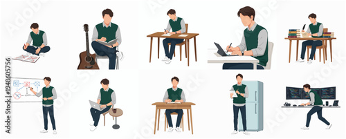 Flat Style Diverse Man Activities and Professions Lifestyle Illustration Set