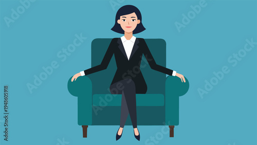 A young professional woman in a black business suit sitting in a teal armchair with crossed legs against a flat blue backdrop.