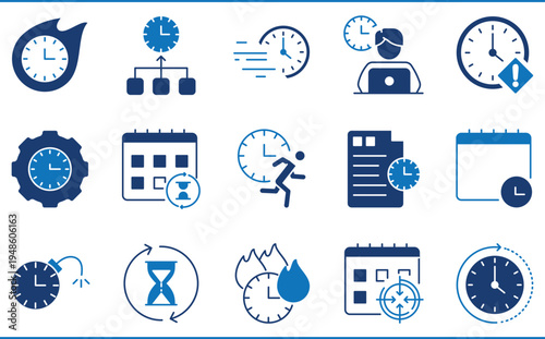A set of icons related to Deadline. Time, clock, finish, interval, hourglass, run, speed, and so on.