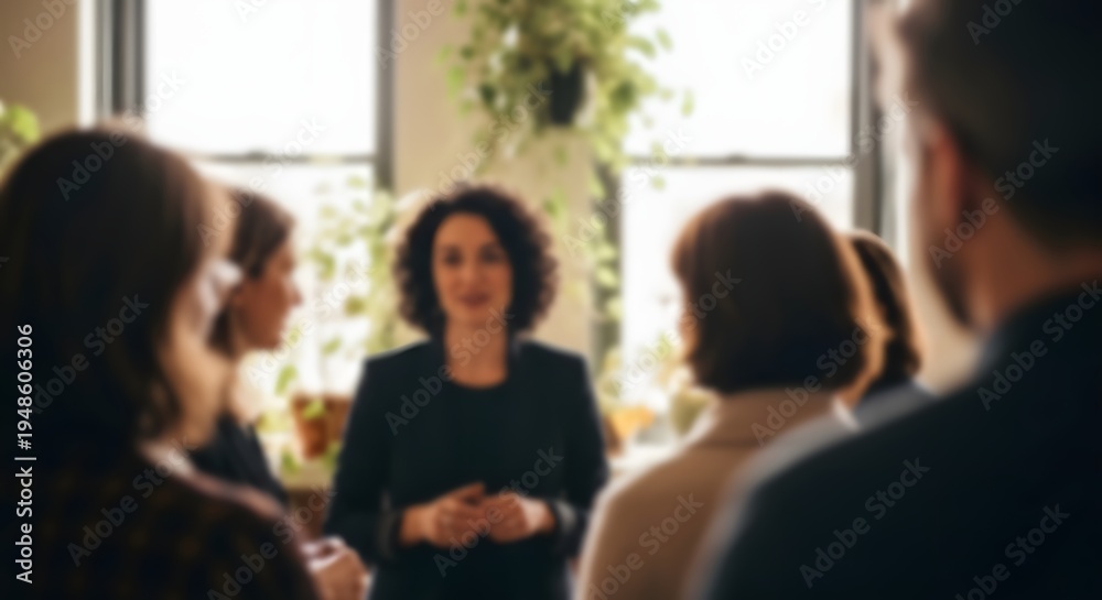 Fototapeta premium Blurred business team discussion with female leader speaking in modern office, teamwork collaboration concept, corporate meeting background