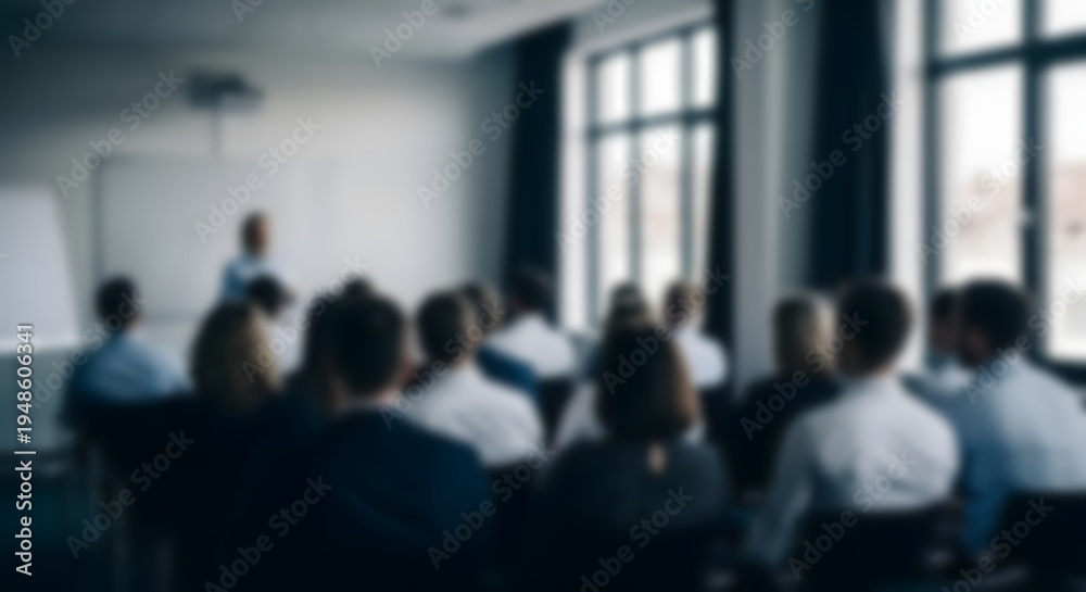 Fototapeta premium Blurred business seminar or training presentation with audience in modern conference room professional corporate workshop learning and teamwork concept
