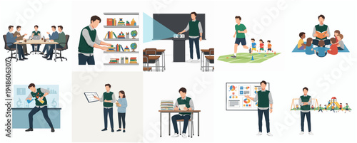 Cartoon Style Teacher Multifaceted Activities Profession Illustration in Various Scenarios