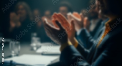 Blurred corporate team applauding during business meeting in conference room celebrating professional success teamwork appreciation and workplace achievement concept