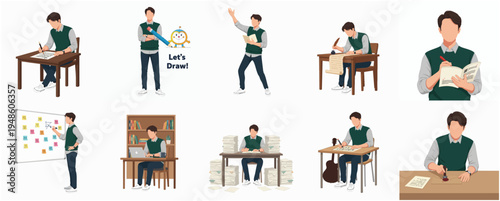 Modern Flat Illustration of Man in Various Poses and Creative Activities