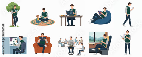 Flat Style Man Reading in Different Situation Lifestyle Illustration