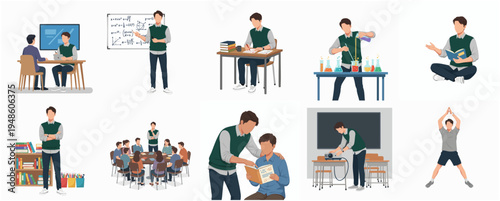 Flat Style Diverse Student Activity Set Illustration with Education and Sport Scene