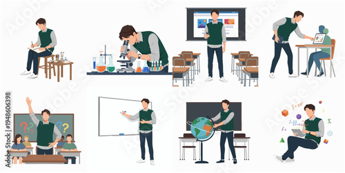 Detailed Cartoon Student Learning in Classroom Education Illustration Set