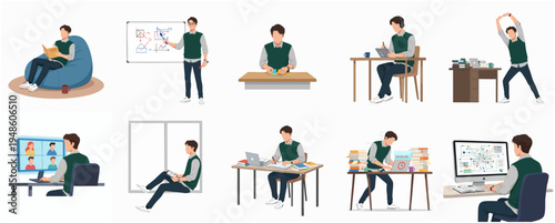 Flat Illustration Set of Young Man Working From Home Activity Concept
