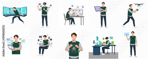 Flat Design Young Man Using Various Modern Technologies Set Illustration