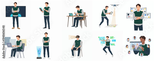 Stylish Flat Illustration Set of Young Man in Various Technology Scenarios
