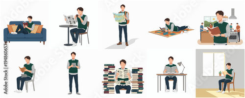 Illustration Diverse Man Reading and Studying In Different Poses and Locations