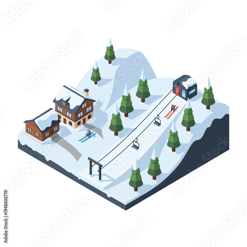 Isometric illustration of a snowy mountain scene with ski lifts, buildings, and trees.