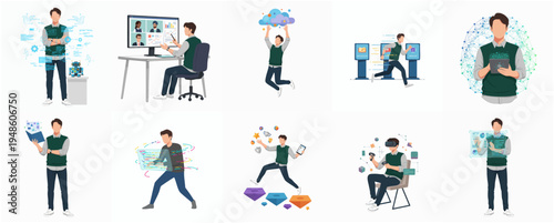 Flat Style Diverse Man Using Modern Technology and Digital Gadgets Set Illustration
