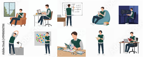 Flat Style Man in Different Situations Daily Activity Lifestyle Illustration
