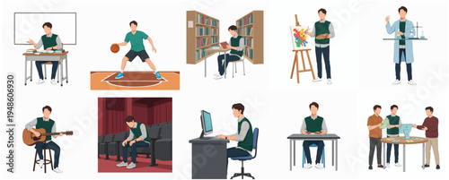 Flat Diverse Student Illustration Set Showing Different Activities and Skills