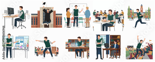 Diverse Flat Illustration Set of College Life and Student Activities