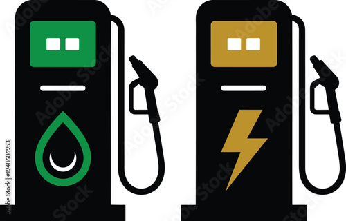 Iconic fuel pump symbols showcasing traditional gasoline and electric charging stations pumps