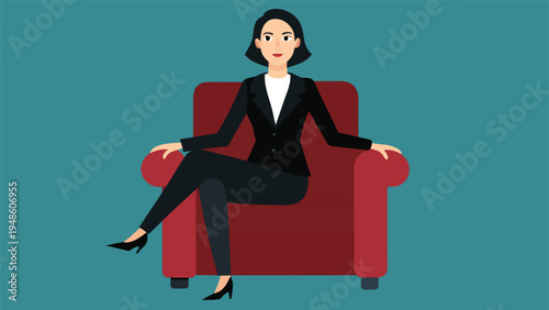 A professional woman in a black business suit and white shirt sitting with crossed legs in a red armchair against a dark teal background.