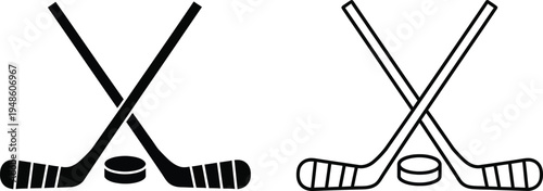 Crossed Hockey Sticks And Puck Icon Set Vector