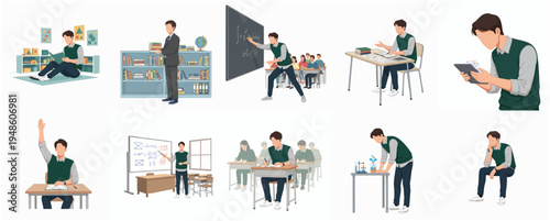 Minimalist Flat Illustration Student In Various Learning Activities Scene Set
