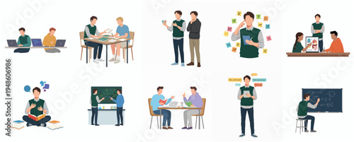 Flat Style Group of Young People in Various Learning Activities Illustration