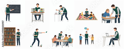 Flat Design Teacher in Classroom Illustration Various Activities in School