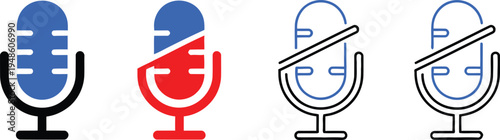 Iconic microphone stylizations with color- coded microphone mics in sequential stylized blue white