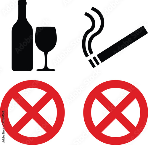 Prohibited alcohol and smoking symbols with wine bottle and cigarette prohibition glass