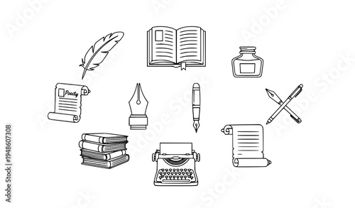 Poetic symbols icon set writer tools quill book ink literature vector illustration