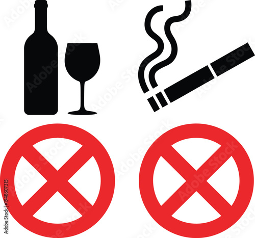 Warning symbols for alcohol and smoking substances prohibition signs wine bottle glass