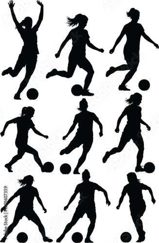 Women soccer player silhouettes dribbling football in different action poses, female football athlete movement collection isolated on white background, sports vector illustration set