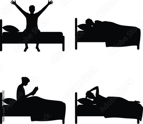 PrintBed activities silhouettes, waking up stretching, sleeping side pose, reading book in bed, relaxing reclining position, lifestyle bedroom illustration