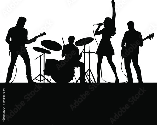 PrintBand silhouettes, live performance, music concert, vocalist singing, guitarist playing, drummer on stage, bassist performing, black vector, musical artwork