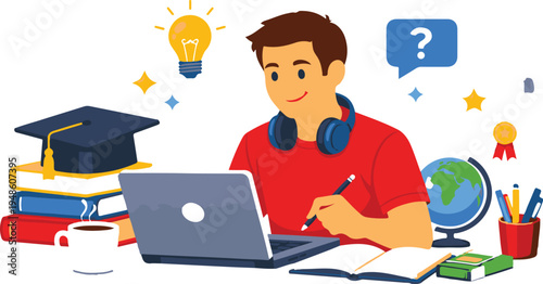 Focused student studying with laptop and books, surrounded by science and education elements.