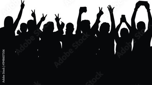 PrintCrowd silhouettes, celebration scene, unity artwork, raised arms, peace signs, social gathering, protest symbol, vector illustration, expressive figures,