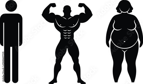 Body diversity silhouette, fitness icon illustration, slim figure design, muscular flex pose, curvy body shape, health awareness artwork, human physique symbol