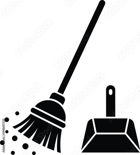 Broom and dustpan silhouette illustration, cleaning tools vector artwork, housekeeping symbol, sanitation icon, black design, cleanliness, home care