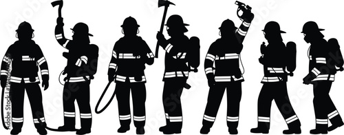 PrintFirefighter silhouettes, protective gear, emergency team, fire hose, rescue tools, safety helmets, uniform design, vector illustration, emergency response,