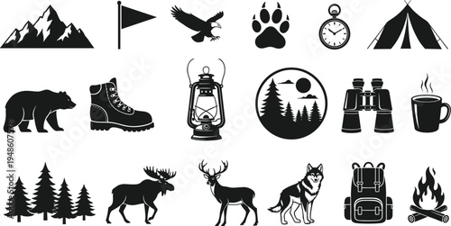 Camping and outdoor adventure icons set, hiking equipment, wildlife animals, forest nature symbols, travel exploration vector illustration collection