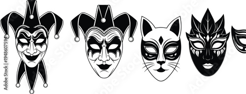 Carnival masks silhouettes set, Venetian masquerade faces collection, theater costume party masks, mystery festival icon vector illustration