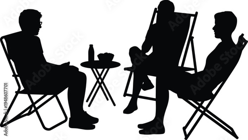 PrintSilhouette people sitting, social gathering, outdoor leisure, casual conversation, friends meeting, relaxation, lifestyle, bonding, table, chairs, drink, bowl