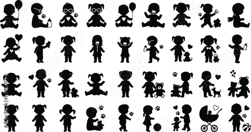 Children silhouette icon collection, kids activities, playtime, pets, toys, balloons, stroller, vector artwork, childhood lifestyle, black design