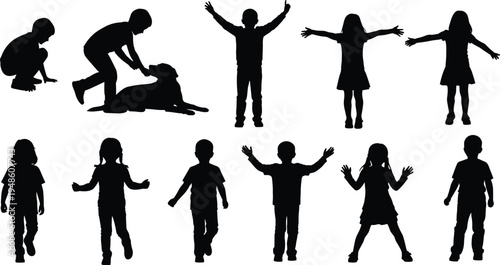 Children silhouettes collection, kids activities poses, playful childhood figures, happy children illustration, black silhouettes art, energetic movement design, vector children lifestyle